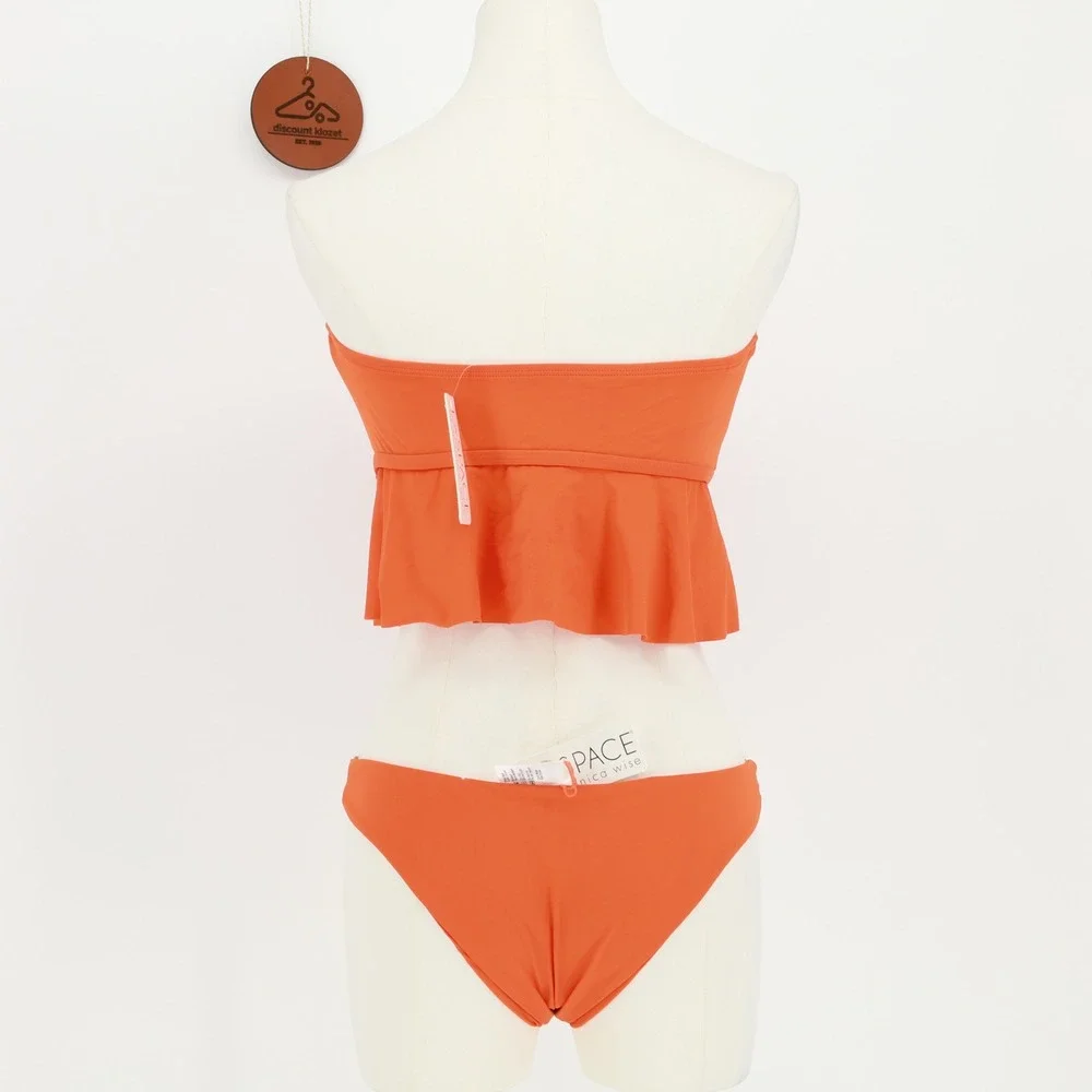 L*Space Orange Ruffle Bandeau Bikini Set Bitsy Cut Bottoms Large Beachwear Swim